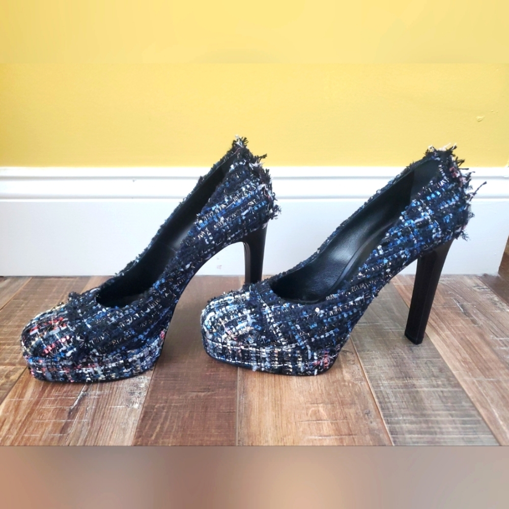 New! Designer Casadei Chic Platform Closed Toe Tweed Pumps High Heels 38